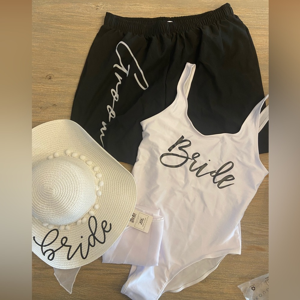 NWT 4 piece XL BRIDE AND GROOM Bathing Suit Hat Coverup Wedding